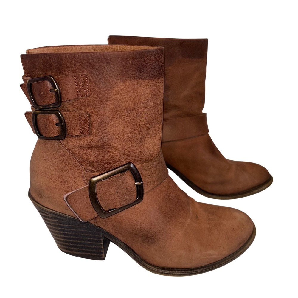 Lucky Brand Tommie Brown Leather Ankle Boots Womens 7.5M‎ Buckle Accent Heel